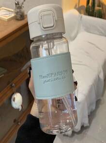 新款学生优质塑料水瓶带皮套，吸管，男女通用简约时尚情侣弹跳水杯，耐热 - 彩色 - 查看 13