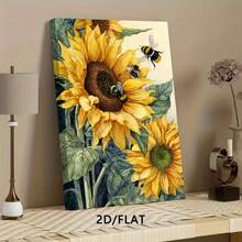 1pc, Vibrant Sunflower And Bees Canvas Wall Art, Nature Inspired Floral Decor For Living Room, Modern Kitchen Bedroom Artwork, Yellow Botanical Stretched Print, Cheerful Home Decoration - 彩色 - 查看 1