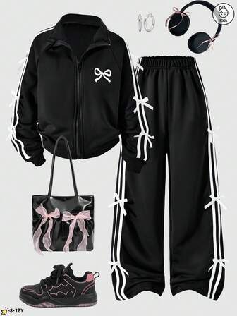 Conjunto deportivo de punto sencillo y de moda para niñas en otoño e invierno, conjunto negro con cinta y decoración de lazo a rayas blancas, tela cómoda, muy adecuado para uso casual diario al aire libre, también se puede regalar a los niños