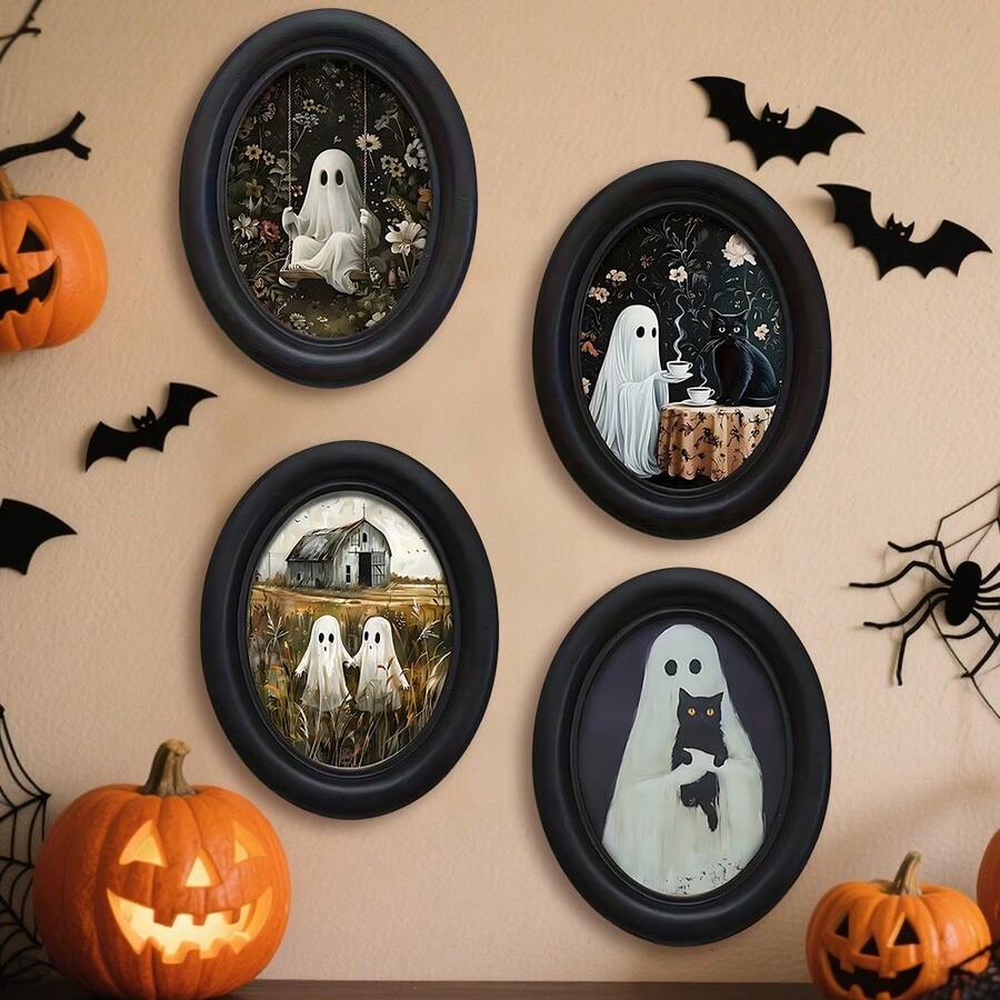 1/4 piezas, Decoración de pared de estilo gótico con gato negro fantasma, arte ovalado, adecuado para el hogar, la oficina, la decoración de fiestas, la decoración de Halloween, 2D