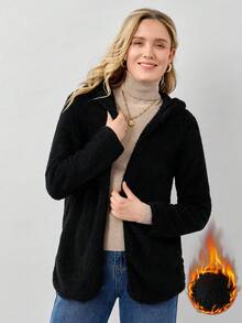 Miaspire Women's Casual Loose Black Reversible Fleece Hooded Jacket, Autumn & Winter - Black - View 1