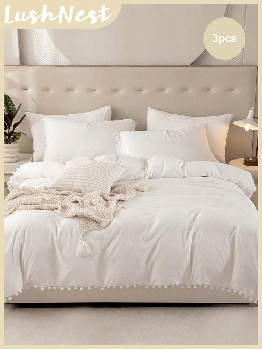 Bettwäsche-Set mit weißen Bommel, Einzelbett, Queensize, Kingsize, Boho Landhausstil, 3-teilig mit Mini-Bommel-Dekor, weißer Bettbezug, weiche Mikrofaser, für Jungen & Mädchen, 1 Bettbezug, 2 Kissenbezüge, ohne Bettdecke
