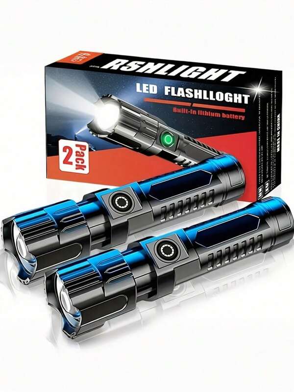 1/2 Pieces Super Bright Rechargeable LED Flashlight, Compact Zoom Handheld Flashlight For Outdoor Camping, Fishing, Hunting, Hiking, Adventure And Emergency Use, Built-In Battery