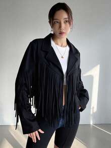 Chaqueta de manga larga con flecos para mujer - Negro - Ver 2