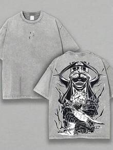 230g Double-Sided Washed, Warrior Battle Printed T-Shirt, High-Quality Wax Printed Cotton Retro Fashion Brand T-Shirt, Men's T-Shirt, Beach Essential, Summer T-Shirt, Holiday Gift, Perfect Gift - 深灰色 - 查看 1