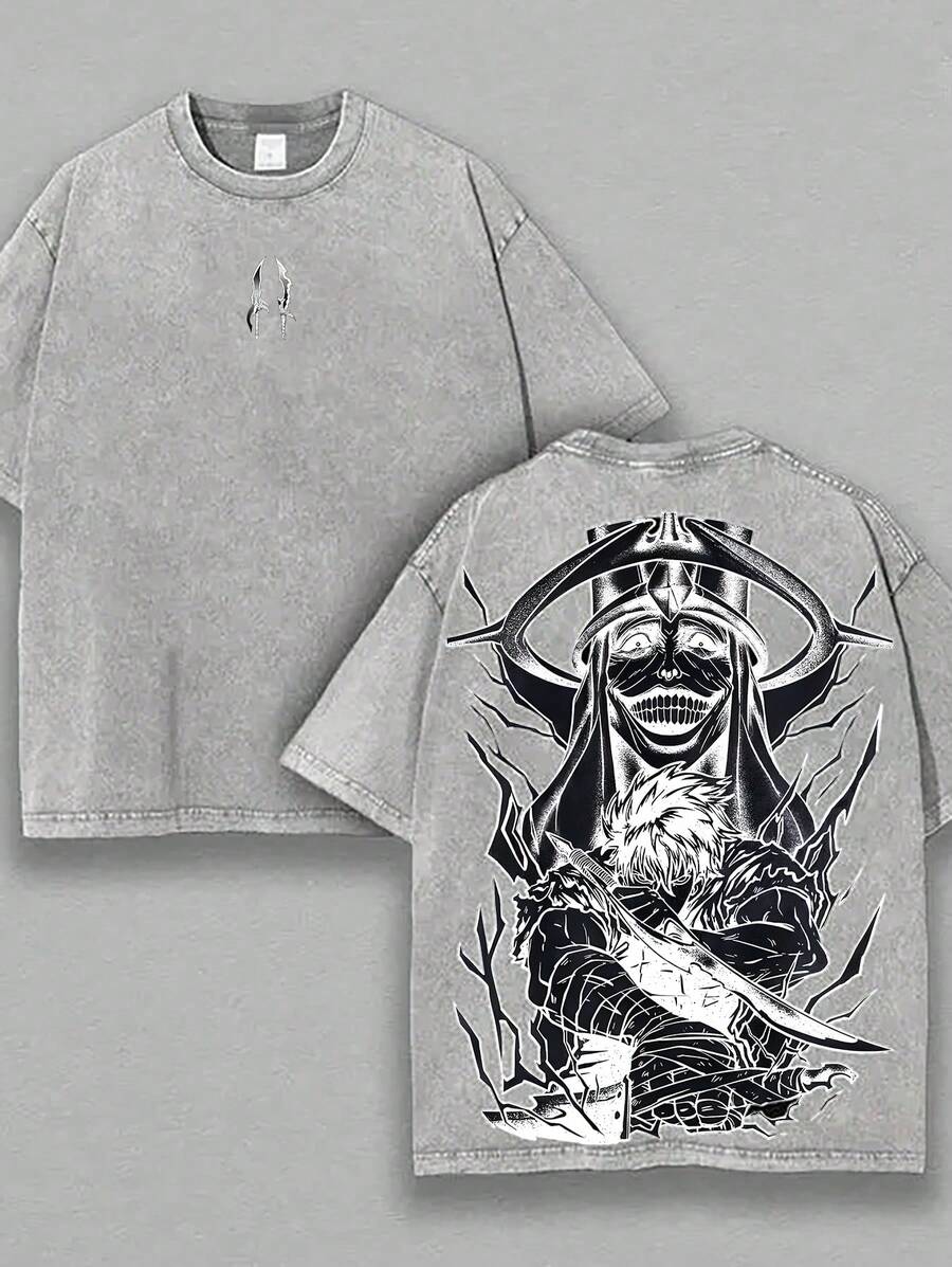 230g Double-Sided Washed, Warrior Battle Printed T-Shirt, High-Quality Wax Printed Cotton Retro Fashion Brand T-Shirt, Men's T-Shirt, Beach Essential, Summer T-Shirt, Holiday Gift, Perfect Gift - 深灰色 - 查看 1