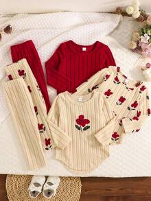 6 件套女童柔软舒适简约户外罗纹长袖花卉印花上衣 + 裤子多件套冬季服装 - 彩色 - 查看 1