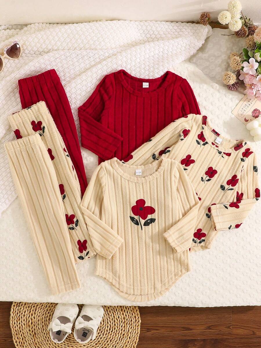 6 件套女童柔软舒适简约户外罗纹长袖花卉印花上衣 + 裤子多件套冬季服装 - 彩色 - 查看 1