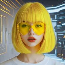 2pcs/Set Bright Color Short Bob Wig With Heart-Shaped Glasses, Cute Cosplay Party Accessories, Fashion Basic Wig For Daily Wear, Halloween