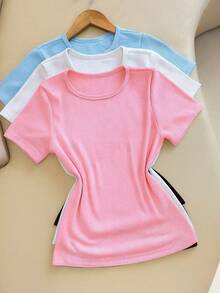 Kit 3 Women's Ribbed Blouses, Baby Tee, Basic Short Sleeve Babylook Colors  2025 - Pink/White/Blue - View 1
