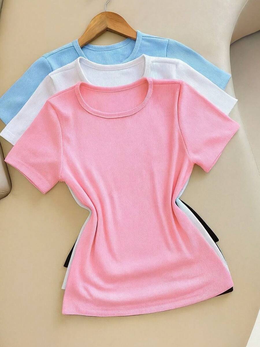 Kit 3 Women's Ribbed Blouses, Baby Tee, Basic Short Sleeve Babylook Colors 2025 - Pink/White/Blue - View 1