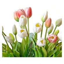 ZXCFTE  40pcs Artificial Tulips Flowers, Real Touch Latex Bouquet, Fake Tulips For Office Wedding Party Home Kitchen Garden Decoration-B Coral Pink Suit - 多色4 - 查看 5