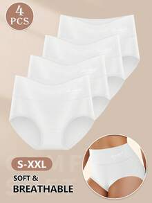 MEIYATING 4pcs Women High Waist Tummy Control White Cotton Letter Print Briefs - White - View 5