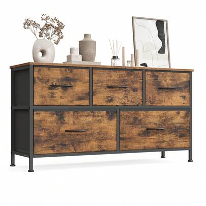  SONGMICS Chest Of Drawers, 5 Storage Drawers Bedroom, Storage Unit, Steel, MDF, Non-Woven Fabric, For Bedroom, Closet, Hallway, Living Room, Rustic Brown And Ink Black