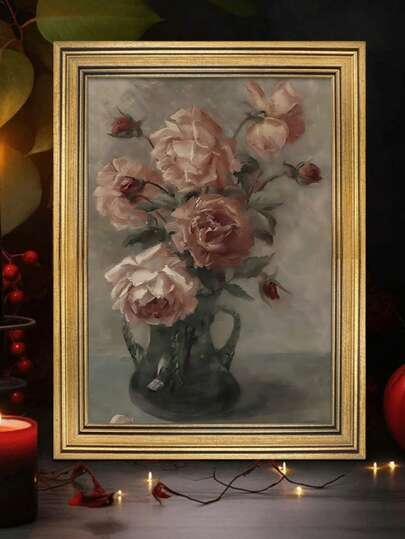 1Pc Framed-Elegant Golden Photo Frame Vintage Flower Still Life Canvas Printed Art Theme Wall Art Indoor Hanging Frame Painting Valentine's Day, 's Day, Carnival, Perfect Gift For Him/Her Bedroom, Living Room, Home Office Wall Decoration Autumn And Spring Decoration