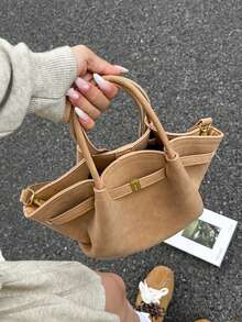 Dedoo European & American Niche Design Suede Bucket Bag With Buckle, Women's Street Style Handbag, Suitable For Shopping, Commuting, Parties, And Gift-Giving In Autumn/Winter - Brown - View 3