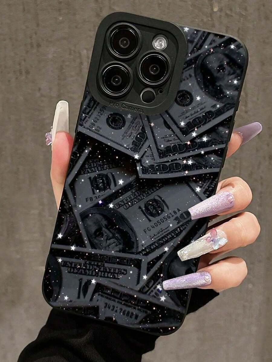 1pc Glittery Dollar Sign Cat Eye Black Soft Phone Case, Anti-Slip, Suitable For IPhone 11/12/13/14/15/16 Pro Max