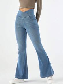 Bell Bottom Jeans For Women High Waisted Stretchy Flare Jeans Pull On Wide Leg Jeans V Cross Tummy Control Flare Pants