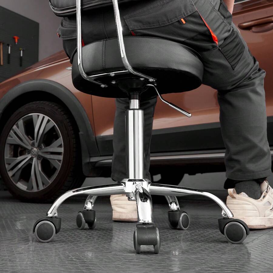 Shop Stool With Backrest, Pneumatic Garage Seat/Work Stool With Wheels, 300 Lbs Load, Adjustable Roller Creeper Seat, 360° Swivel Padded Workshop Stool, For Garage, Shop & Auto Repair, Black - With High Backrest, No Storage - View 1