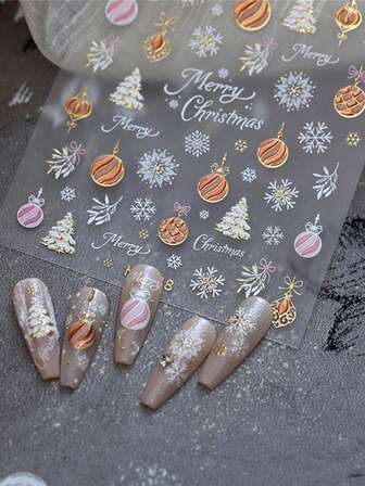 1 Sheet 3D Elegant Christmas Nail Art Stickers, Rose Gold Ornaments & White Snowflake Decals, Self-Adhesive Metallic Holiday Manicure Supplies