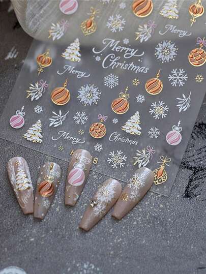 1 Sheet 3D Elegant Christmas Nail Art Stickers, Rose Gold Ornaments & White Snowflake Decals, Self-Adhesive Metallic Holiday Manicure Supplies
