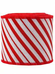 1Roll Ribbon Christmas Tree Wire Ribbon Satin Striped Edge Wrapping, Suitable For Crafts DIY Party Garden Home Wreath Bow Decorations Red And White