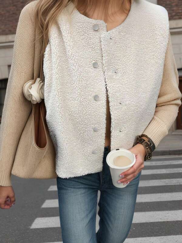 2025 جاكيت صدرية كاجوال متعددة الاستخدامات من النساء للخريف والشتاء، جديدة بتصميم أبريكوت من الفيلكرو مع تفاصيل أزرار معدنية بياقة مستديرة