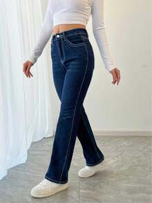 Women's Delilah Mid-Rise Slim Bootcut Jeans With Floral Embellished Faux Flap Pockets Women's Cool Border Mid-Rise Bootcut Jeans - 藍色 - 查看 5