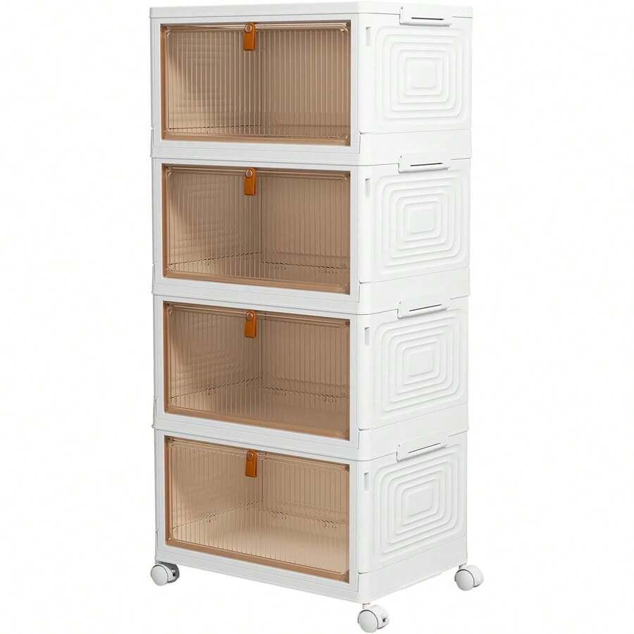 4/5 Tier Stackable Storage Cabinet - Rolling Wardrobe Storage Organizer Containers With Lid & Lockable Wheels, Foldable White Plastic Shoe Box - 4-tier - View 1