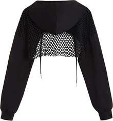 Womens Cropped Hoodie Fishnet Long Sleeve Crop Top Hollow Out Drawstring SweatshirtChristmas - 紫色 - 查看 4