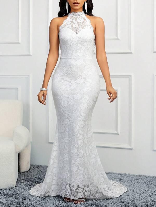Halter Neck Backless Lace Formal Dress
