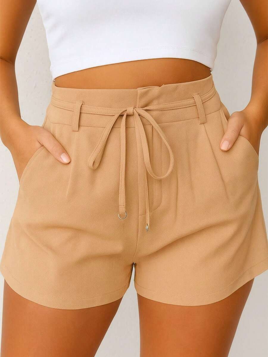 Elegant Tailored Shorts For Women, High Waist, Pockets With Belt, Ring Details, Casual/Versatile, Summer - Màu be - Xem 1