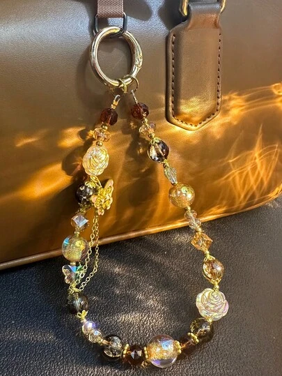 Vintage Maillard Rose Crystal Butterfly Tassel Phone Lanyard, Delicate Versatile Bag Charm, Camera Strap Accessory, Elegant High-End