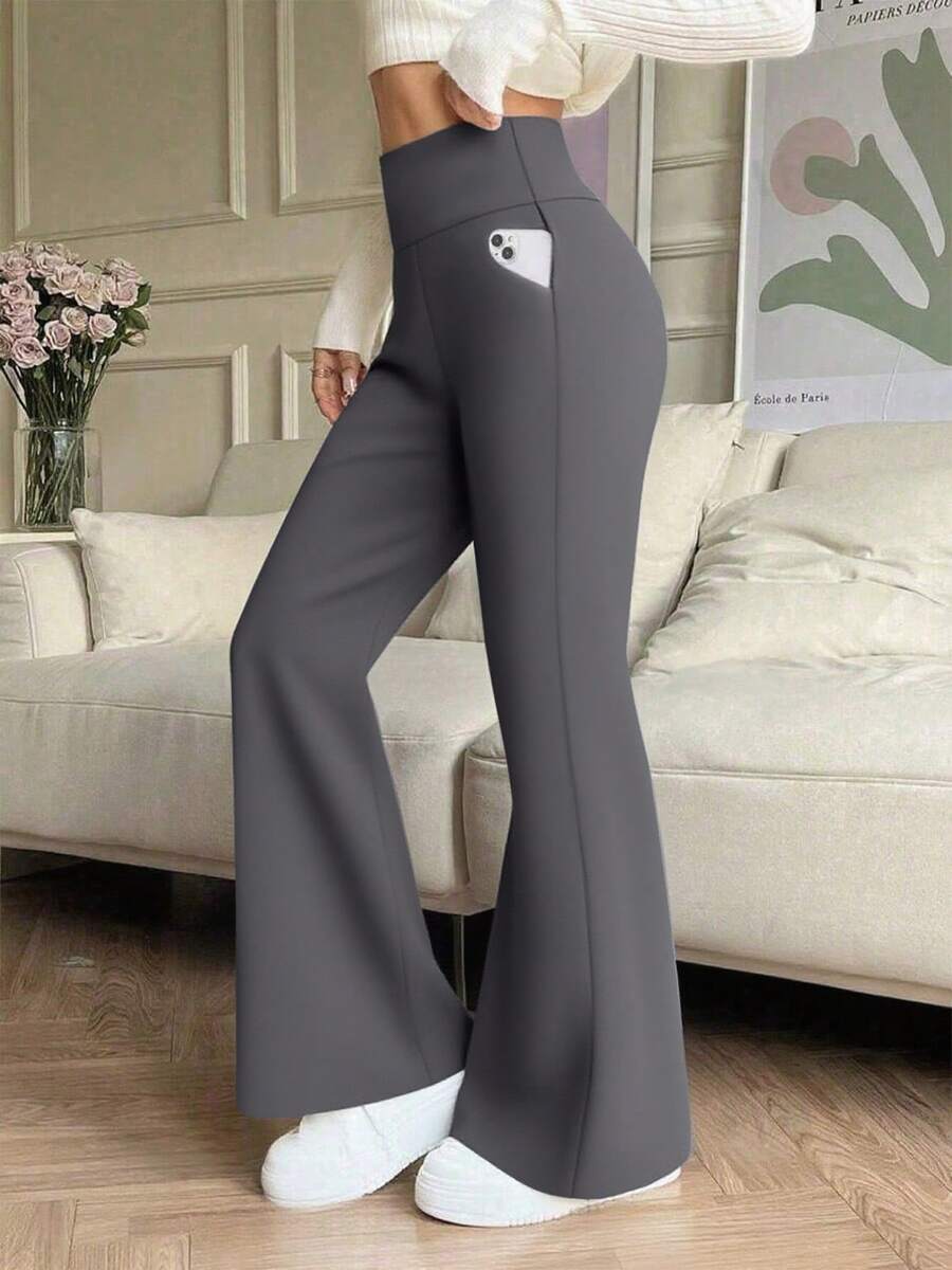 女士高腰纯色喇叭裤，带侧袋，适合休闲、运动、瑜伽、打底、跑步、健身等场合。 - 淺灰紫 - 查看 1