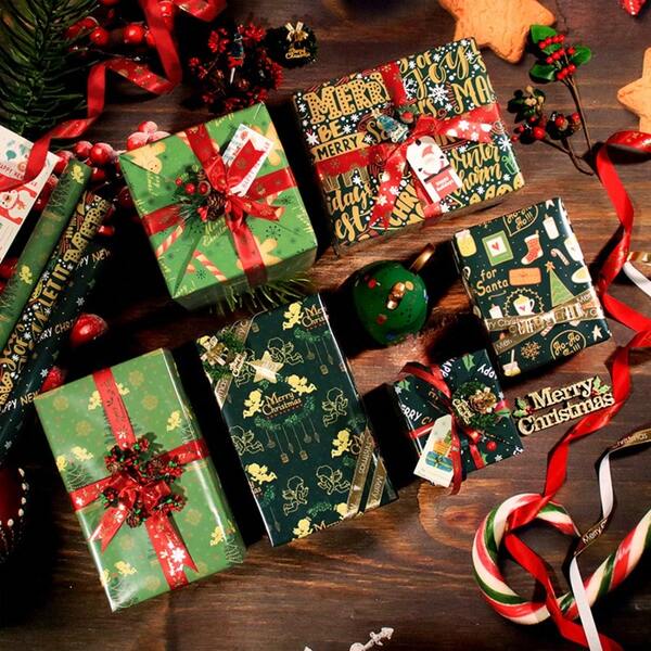 6 piezas de papel de regalo navideño con acabado brillante de cobre, papel decorativo navideño verde, postre lindo