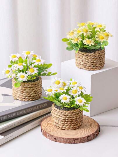 1/2/3pcs Artificial Chamomile Rattan Potted Plants, Grass Mounds, Seagrass, 3 Different Shaped Artificial Potted Plants, Home Decor, Landscape Ornaments, Green Plants, Valentine's Day Gift, Desktop Decor, Wedding Season, Home Decoration