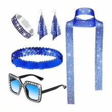 6pcs/Set 70s Disco Glitter Women's Shiny Scarf, Sunglasses, Bracelet, Headband Accessory Set, Costume Party Supplies, Fashion Stylish Basic Stage Outfit Halloween Costume