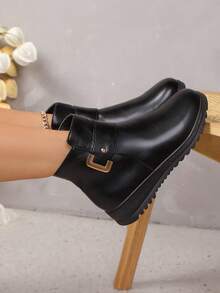 بوت الأم المقاس الكبير، بوت قصيرة دافئة مبطنة للخريف/الشتاء، كعب منحدر، مريحة، مانعة للانزلاق، سحاب جانبي، بوت نسائية