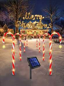 10-In-1 Solar Powered Christmas Candy Cane Lights - 5/8/10 Pcs Set, 8 Flashing Modes, Holiday Red & White Striped Design, Auto Charging Under Sunlight, Auto Lighting At Night, Warm White LED Outdoor Decor, Outdoor Holiday Decoration, Christmas Ground Stake Lights, Star-Shaped Design, Ideal For Holiday Gifts, Holiday Decor, Outdoor Lighting