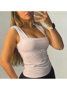 Kit Of 3 Women's Blouses, Tank Top, Square Neckline, Straight, Suplex, Summer, Basic, Plain, Elegant, , Bolgueira - Vàng/Trắng/Đen - Xem 4