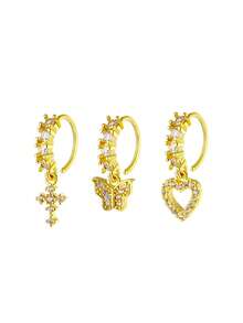 Bộ 3 chiếc khuyên mũi màu bạc, đính đá Zirconia đồng sáng bóng hình trái tim, thánh giá, bướm, thích hợp làm quà tặng cho nữ vào dịp Giáng sinh, Halloween, Ngày Valentine, sinh nhật hoặc đeo hàng ngày. - Bạc - Xem 5