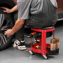 Rolling Mechanic Stool With Wheels, 300 Lbs Capacity Garage Seat/Work Stool, Padded Roller Creeper Seat With Fixed Height, Tool Tray And 2 Drawers, For Garage, Shop & Auto Repair, Red+Black - Soft cushion with 2 drawers + 1 tray - 查看 9