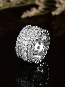 奢华礼盒装不对称方晶锆石密镶戒指，白金镀铜，适合女性婚礼订婚佩戴和节日礼物 - 銀色 - 查看 3