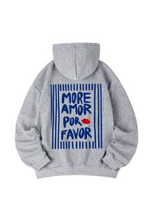 女士冬季字母印花长袖抽绳卫衣，带口袋，休闲宽松多功能节日风格上衣，秋季女装，冬季女装时尚，适合日常穿着。 - 深花灰 - 查看 4