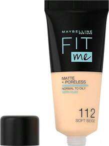 Maybelline Fit Me 哑光无孔粉底液，112 柔米色，1 盎司/30 毫升，适合中性至油性皮肤，无油，持久妆容，粉底液，无油粉底液，哑光，1 盎司/30 毫升 - 哑光，粉底液，持久，无油，妆前乳，护肤，夏季彩妆 - 112 - 查看 2