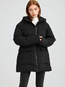 New Women's Black Hooded Padded Coat With Drawstring And Pockets Long Regular Sleeve Winter Jacket