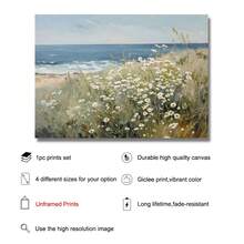 1 pieza Póster de arte de pared de lienzo con impresión de paisaje rústico de flores silvestres vintage, y playa de verano, sin marco/con marco, para decoración minimalista de apartamento, sala de estar, dormitorio, hogar moderno