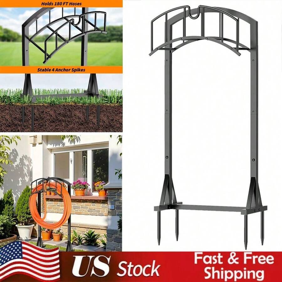 1PC Heavy - Duty Garden Water Hose Holder (Holds Up To 161 FT Hoses), Durable Metal Material, Freestanding Hose Storage Rack;  Practical & Sturdy Style, Sleek Black Color, Arch - Shaped With 4 Anchor Spikes Detail, Ideal For Organizing And Storing Garden Hoses.  Outdoor Hose Hanger Stand Perfect For Yard, Lawn, Garden Use, Year - Round Gardening Tasks & Great As A Gift For Garden Enthusiasts On Father's Day, Spring Gardening Season. (Black) - 黑色 - 查看 1