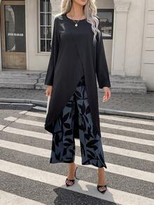 Conjunto de 2 piezas de camisa de manga larga con cuello redondo y bajo asimétrico casual + pantalones estampados con flores, diseño asimétrico/asimétrico sin superposición, patrón de plantas/hojas