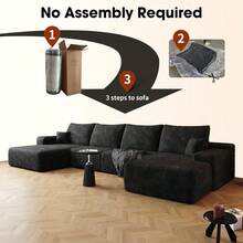 Oversized U Shaped Modular Sectional Sofa Cloud Couch With Chaise Lounge And Movable Ottoman, Fluffy Corduroy Upholstered Boneless Sofa Deep Seat Couches W/Pillows - Đen 135,4" - Xem 5